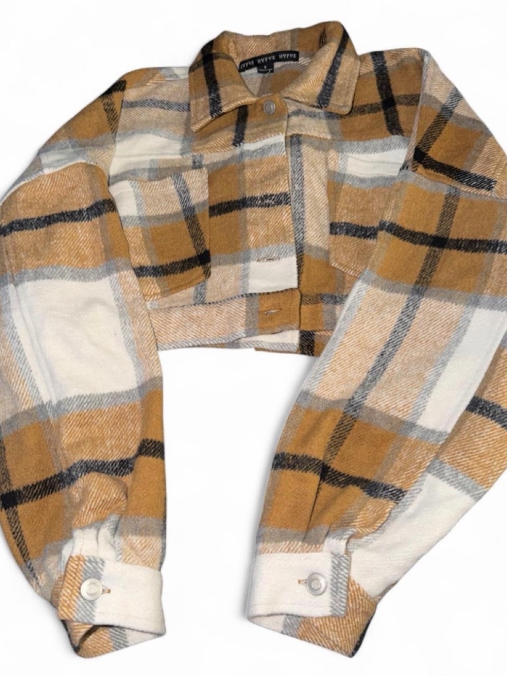 HYFVE Cropped Plaid Jacket in Camel & Cream